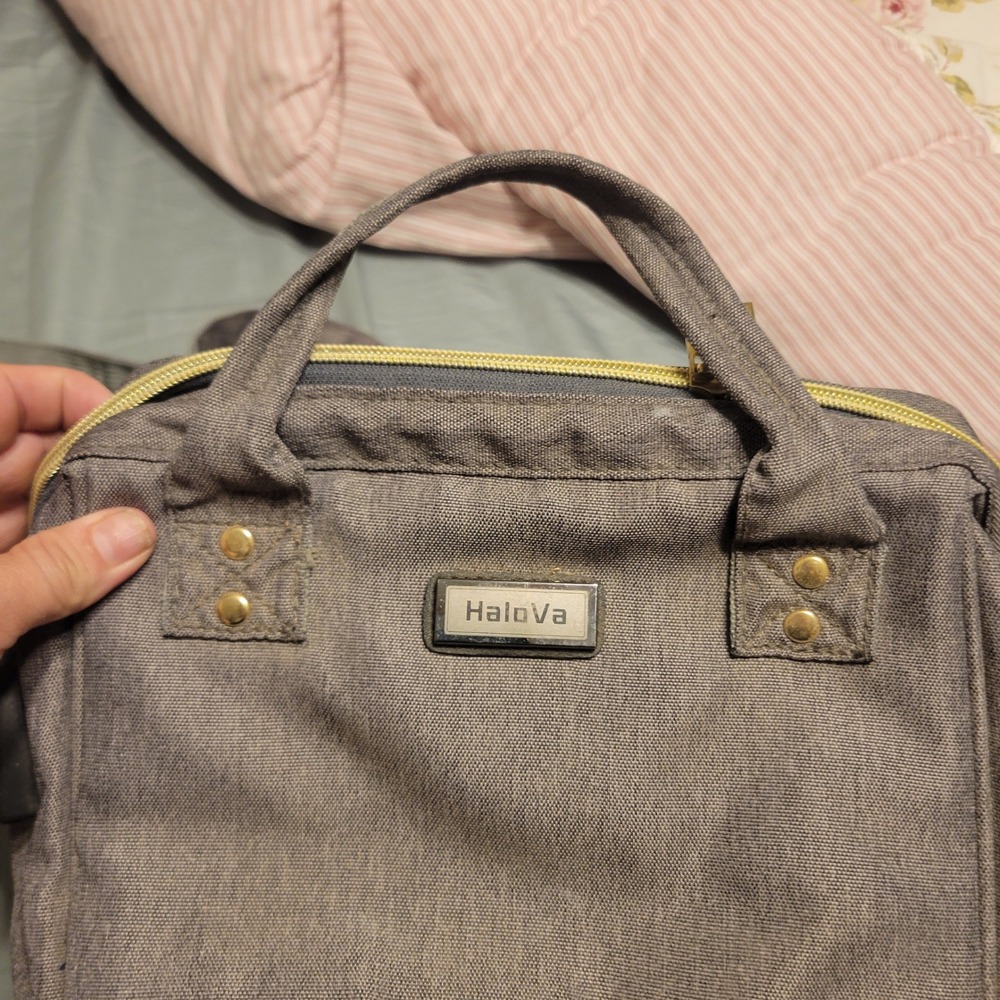 HaloVa Women Diaper Bag Backpack OS Grey Canvas Insulated Travel Functional‎ - Picture 2 of 5